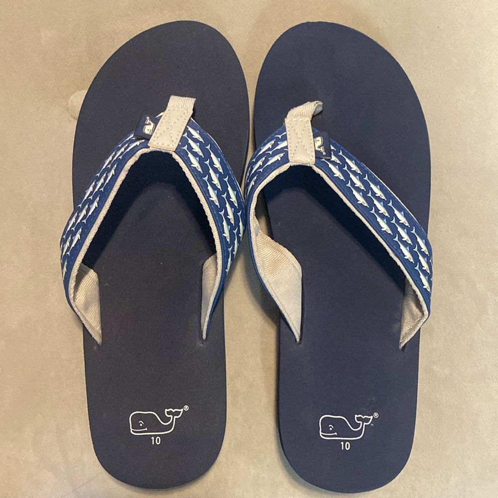 Size 10. Men’s Flip Flops. Navy and Tan. Thong Style. Shark Motif on Straps.